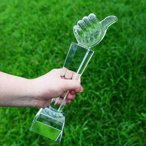 Engraved Crystal Thumbs Up Trophy