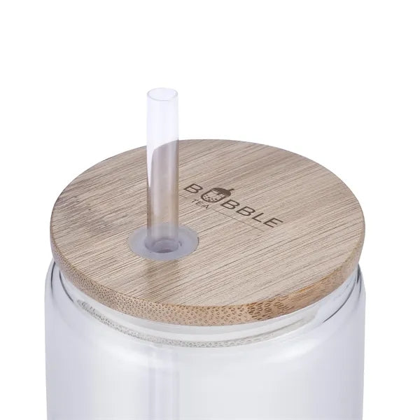 18 oz Can Glass with Bamboo Lid and Plastic Straw