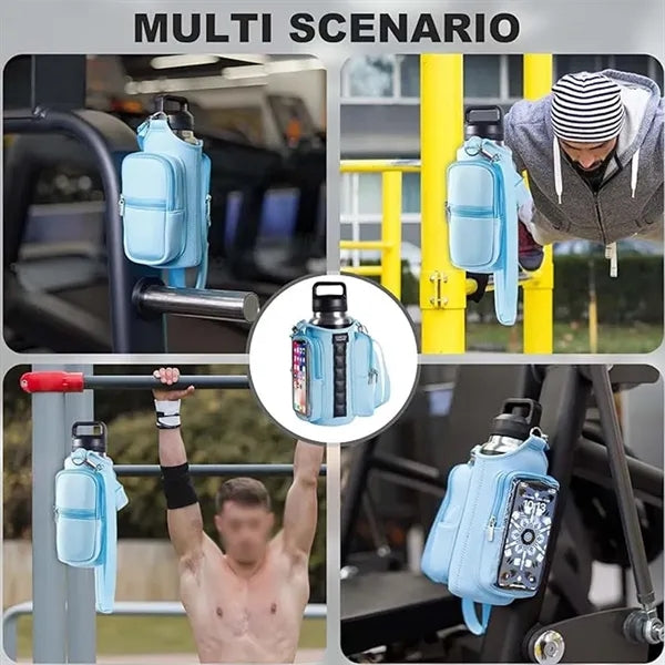 Magnetic gym bag water bottle holder with clear phone pocket