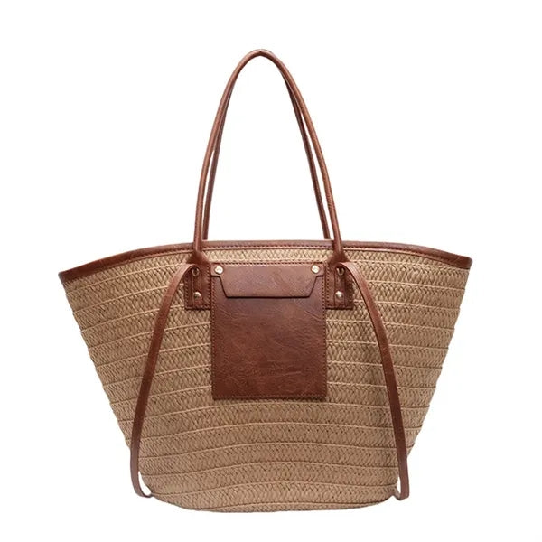 Straw Tote Bag with Leather Accents