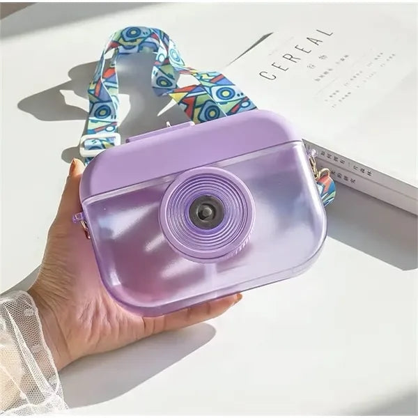 14oz Plastic Camera Water Bottle with Straw Adjustable Strap