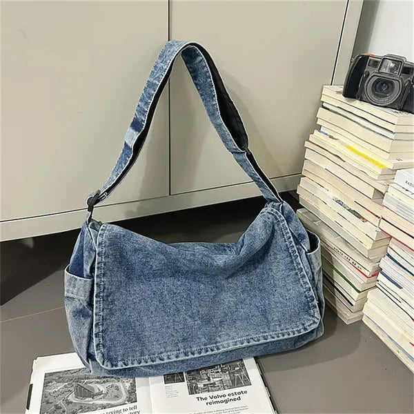 Unisex Denim Crossbody Tote Bag Large Capacity Adjustable