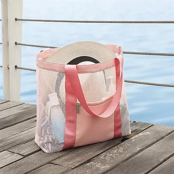 Large Capacity Mesh Beach Tote Bag With Zipper Pocket