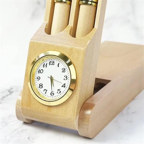 Wood Double Ballpoint Pen Set case with Pocket Watch