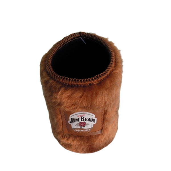 Faux Fur Can Cooler Holder with Logo Patch