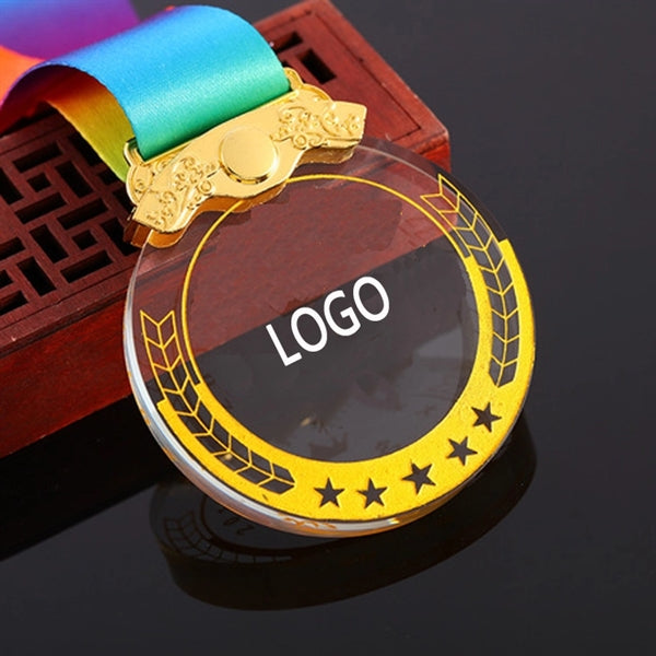 Metal Inlay Crystal Medal with Lanyard