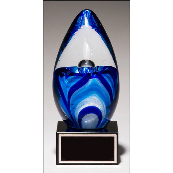 Art glass egg on black glass base 4.75 x 6.5