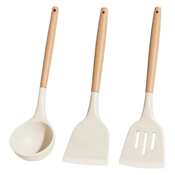 Silicone Cooking Utensil Sets Wooden Handle Ladles