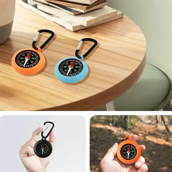 Silicone Compass Keychain w/ Carabiner Clip for Outdoor Use