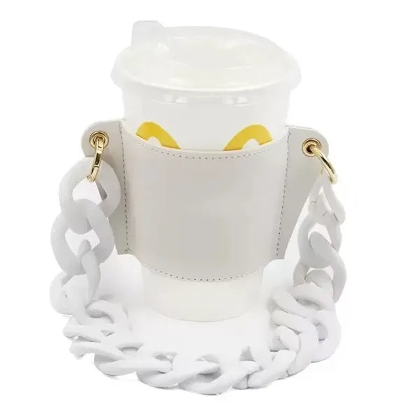 Leather Cup Sleeve With Pearl Chain Strap