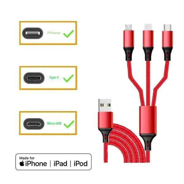 Braided 3 In 1 Fast Charging Data Cable With LED Indicator