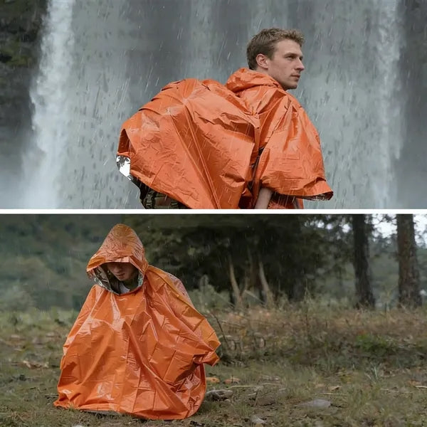 Outdoor thermal PE poncho with drawstring bag & whistle