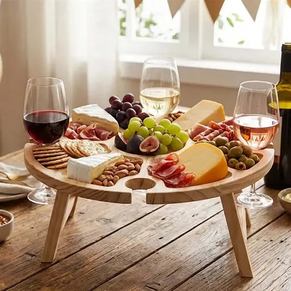 Wooden Wine Picnic Table Snack Tray With Glasses Holder