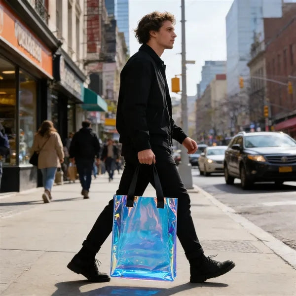 Iridescent PVC Holographic Shopping Tote Bag 11.8"x4"x15.7"