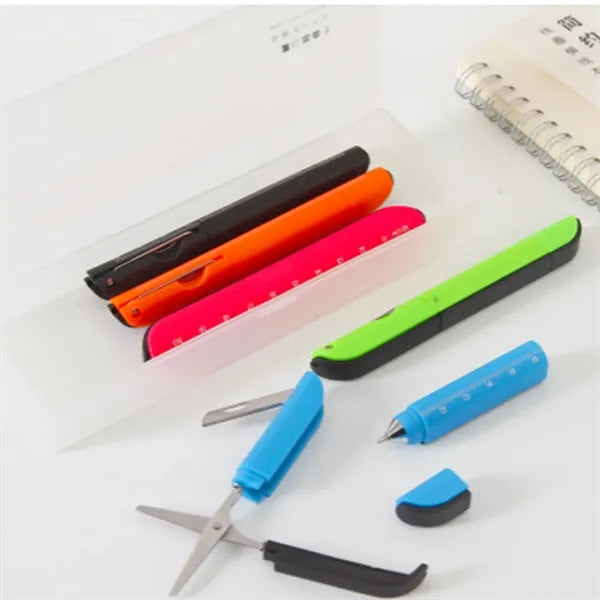 Portable 4 in 1 Ballpoint Pen With Ruler Scissors Art Knife