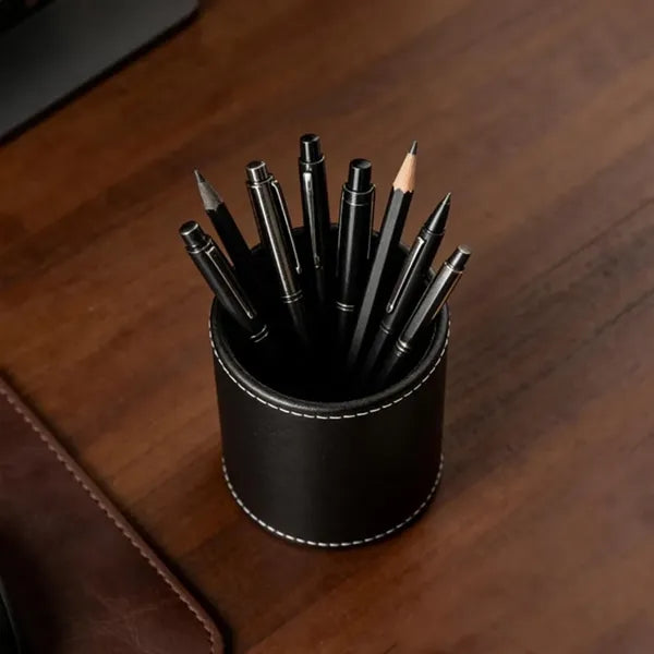 PU Leather Round Pen &Pencil Stationery Stand Desk Organizer