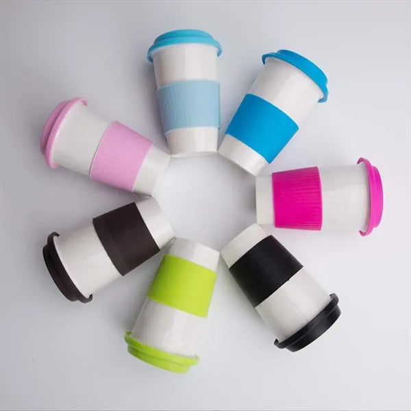 15 oz travel ceramic coffee cup with silicone lid & sleeve