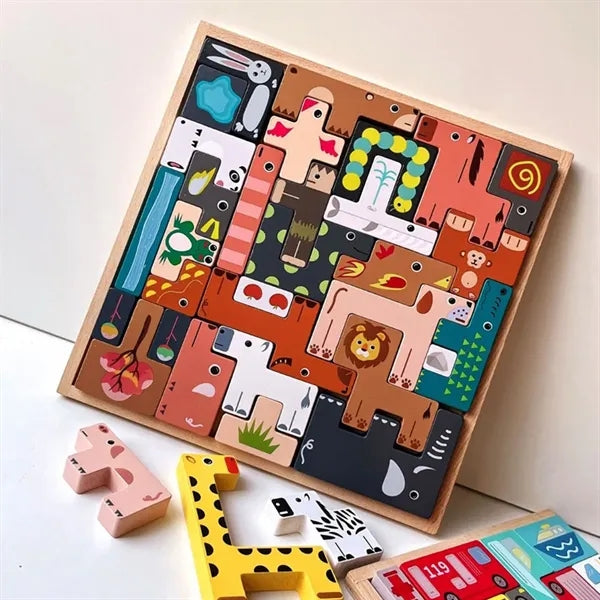 Educational 3D wooden animal puzzle building blocks for kids