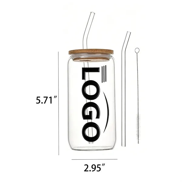 17oz Glass Cup with Straw, Custom Logo