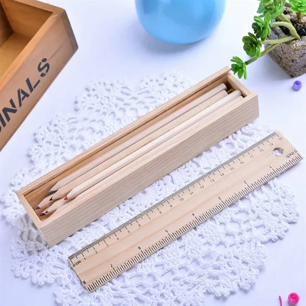 12 Pcs Colored Pencil Set In Wooden Ruler Box