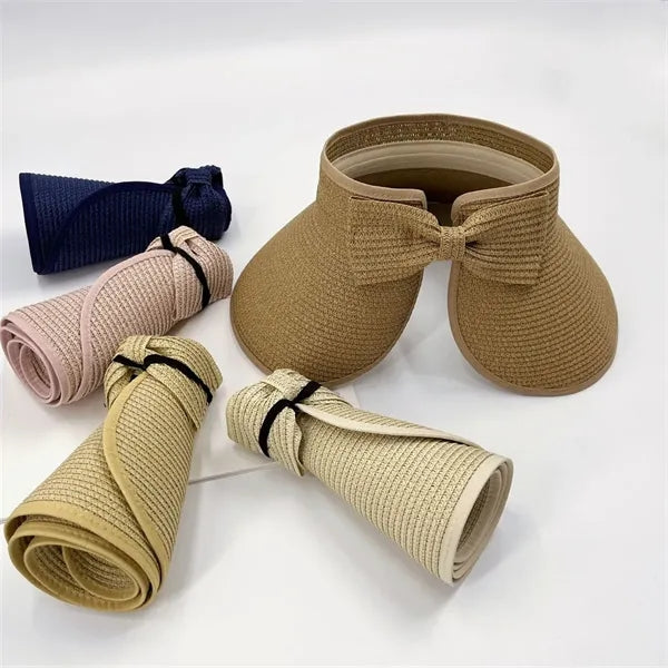 Foldable Straw Visor Hat, Wide Brim Sun Hat with Bow