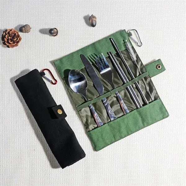 Stainless Steel Cutlery Set in Canvas Pouch w/ Carabiner