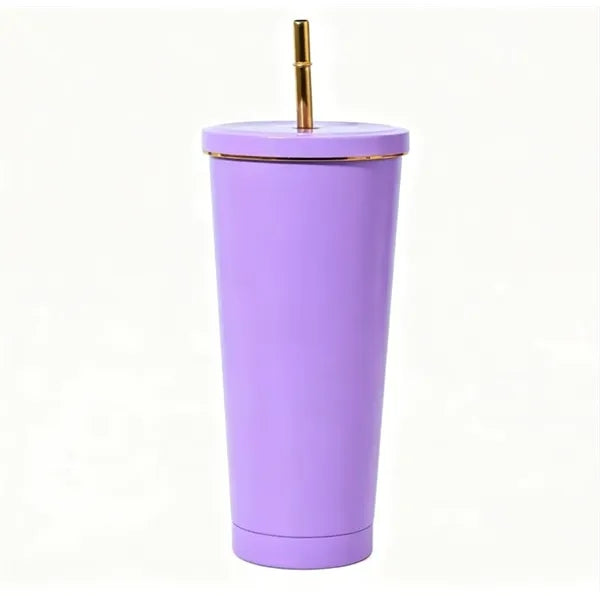 Stainless Steel Tumbler with Gold Rim and Straw - 26 oz