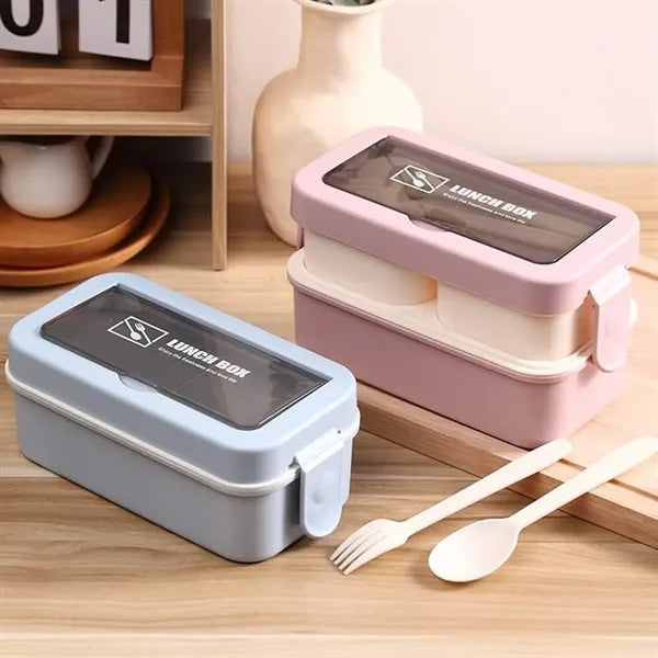 Double-Layer Bento Lunch Box w/ Cutlery Set & Compartments