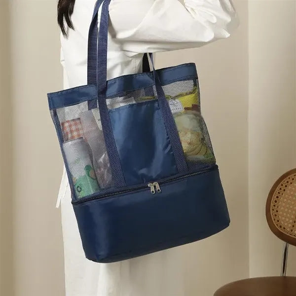 Mesh Beach Tote Bag w/ Insulated Cooler Bottom Compartment