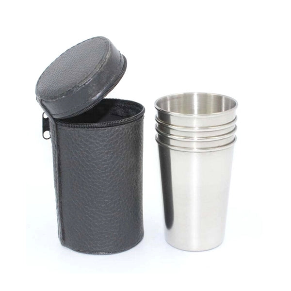 Stainless Steel Drinking Cup Set Including 4 Cups And One Zi