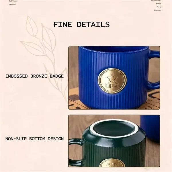 Retro Vertical Striped Ceramic Mug with Bronze Medal