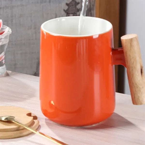 15 oz. Ceramic Coffee Mug with Bamboo Lid and Wood Handle