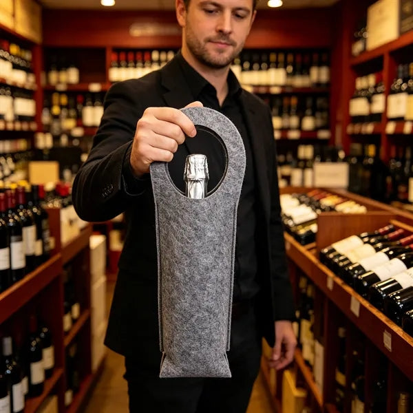 Felt Fabric Single Bottle Wine Bag W/ Die Cut Handle