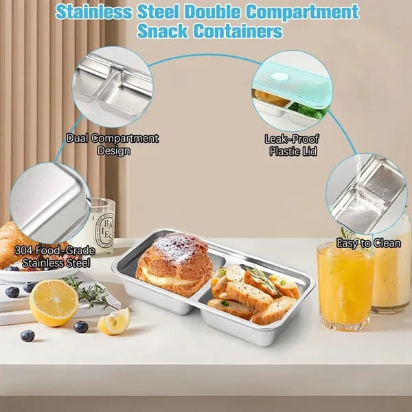 2-Compartment 304 Stainless Steel Container w/ Sealing Lid