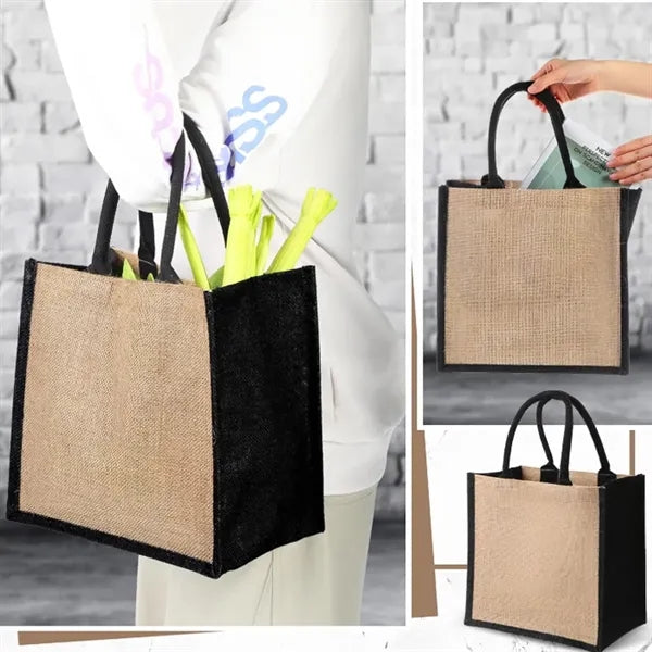 Two Tone Jute Tote Bag with Reinforced Handles