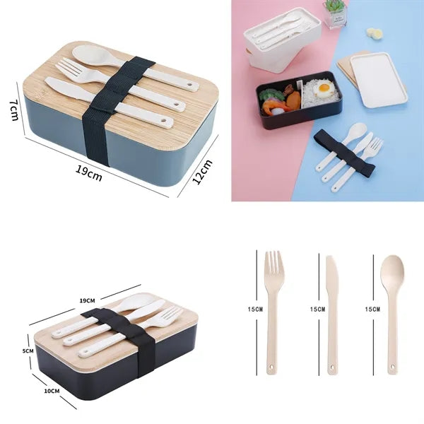 Eco Friendly Bento Lunch Box w/Bamboo Lid & 3 Utensils