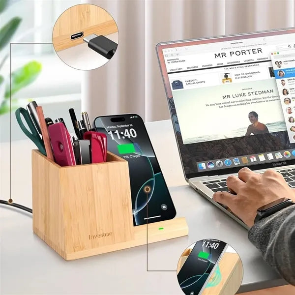 Bamboo Wireless Charging Desk Organizer