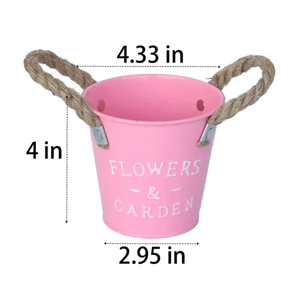 Vintage Metal Storage Bucket Rope Handle Flower Pot