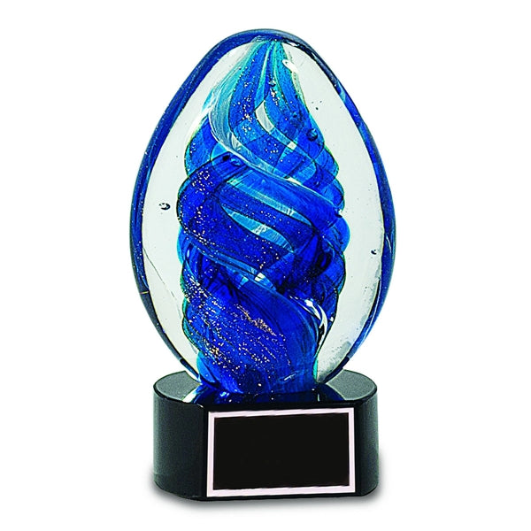 6" Blue Oval Swirl Art Glass