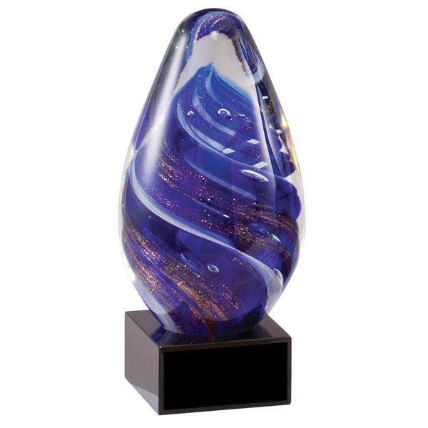 Dark Blue and Gold Egg Shaped Art Glass on Black Base