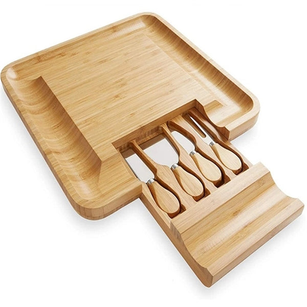 Bamboo Cheese Board& Cutlery Set with Slide-Out Drawer