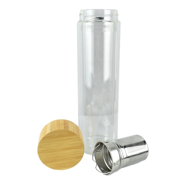 15 oz Double Wall Glass Bottle with Tea Infuser & Bamboo Lid