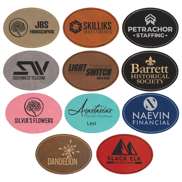 Oval Black/Silver Leatherette Patch with Adhesive