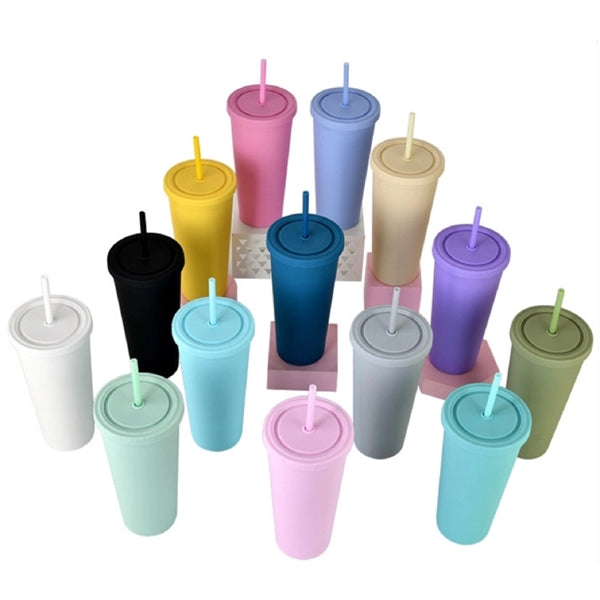 24oz Double Wall Coffee Cup Travel Tumblers W/ Straw