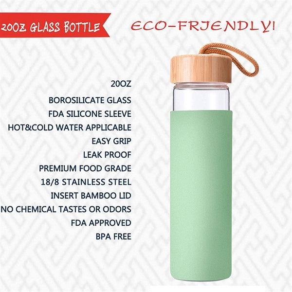 20 Oz Borosilicate Glass Water Bottle with Bamboo Lid