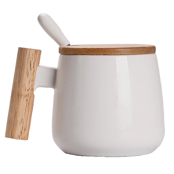 Ceramic Tea Cup with bamboo Lid Mugs Wooden Handle 13oz