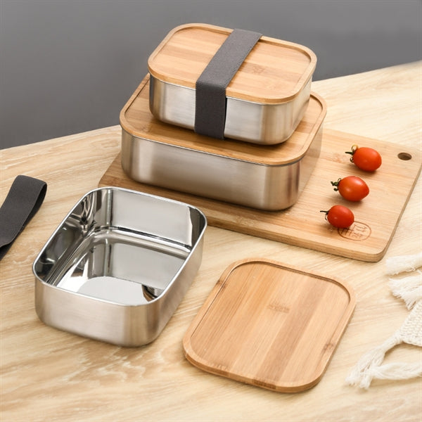 Stainless Steel Wooden Lid Square Lunch Box Bento