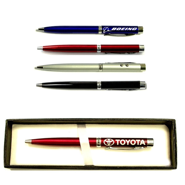 Twist action pen with laser pointer and flashlight