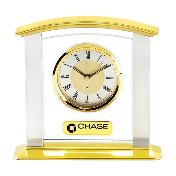 Glass & Brass Mantel Clock with Silver Columns