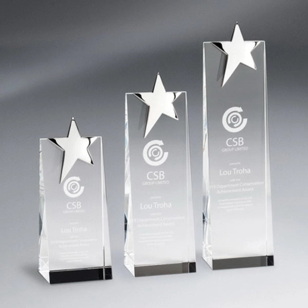 Silver Star Topped Optic Crystal Tower Award - Small